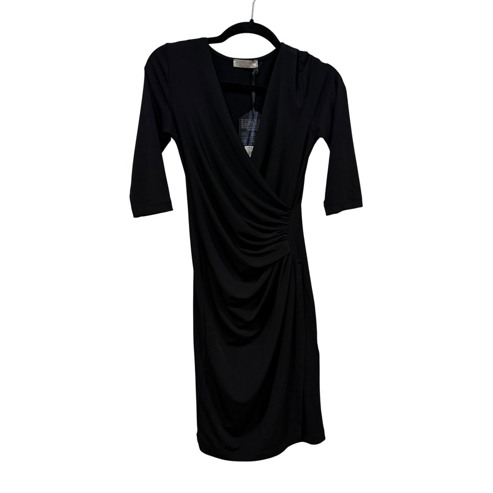 Anatomie Marine Dress Black XS NWT AS5620 Ruched V-Neck 3/4 Sleeve Made in Italy